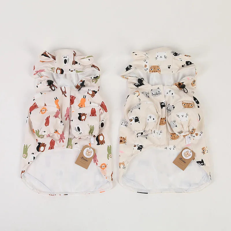 Beige cartoon dog raincoat with waterproof PU coating in small animal or cat head design
