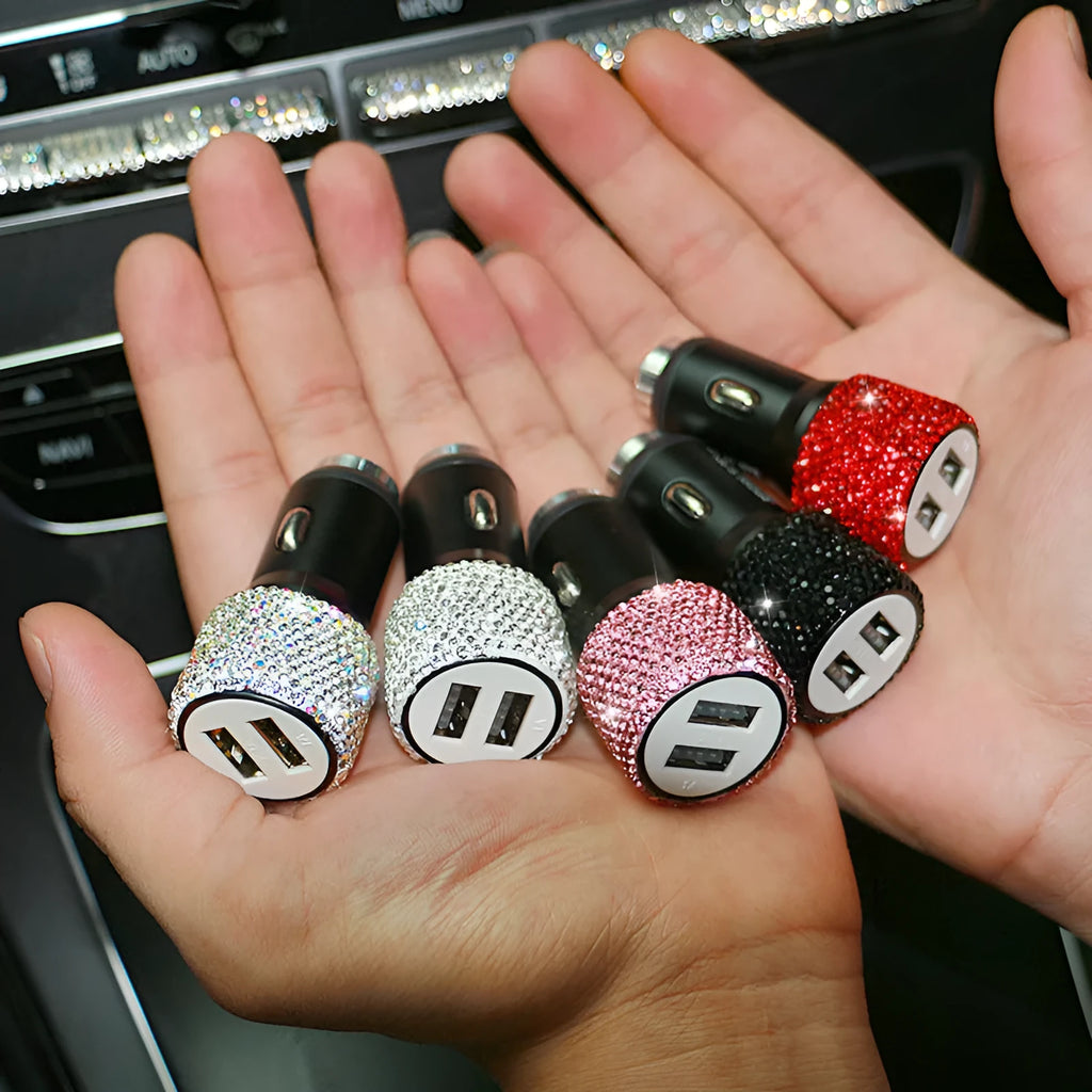 Diamond-pattern car charger for cigarette lighter socket in red, black, pink, white, and AB colour options.