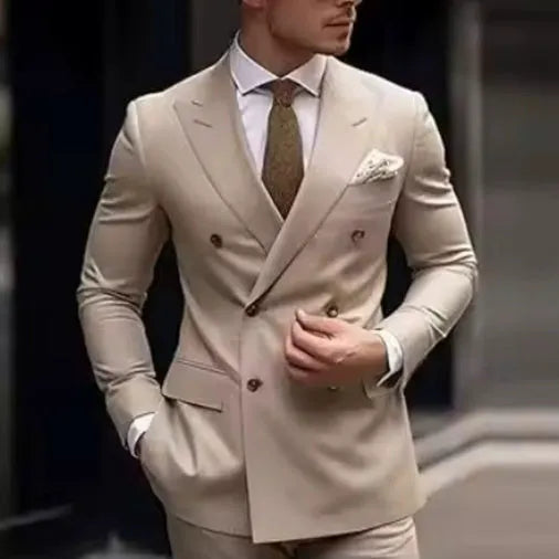 Men's Korean-style slim fit two-piece business suit in cotton blend polyester fabric