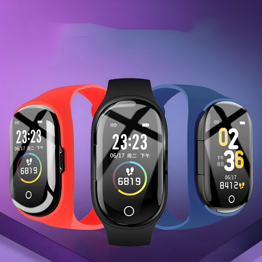 Smart bracelet and Bluetooth earphone combo wearable device with a 1-inch screen on a silicone wristband.