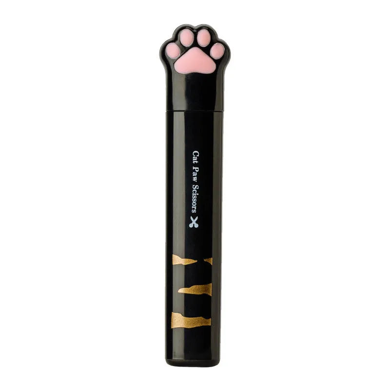 Cat paw design mini folding safety scissors in four colours: black, blue, pink, and white.