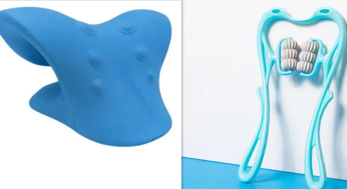 Blue swan-shaped manual neck massager with six white wheels and a natural crystal jade scraping board.