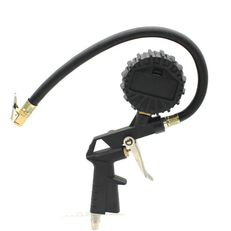Black digital tyre pressure gauge with HD display and gun handle on white background