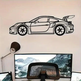 Black iron sports car wall art decoration on a wall, suitable for home or office use