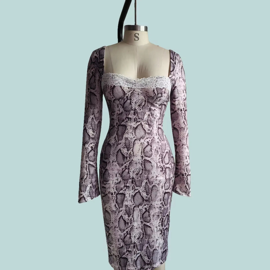 Grey digital printed lace dress with 3D effect pattern, long sleeves, and A-line silhouette