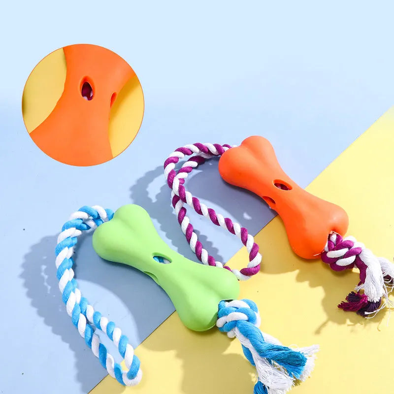 Green porous rope bone dog chew toy with knotted texture for treat stuffing and teeth relief
