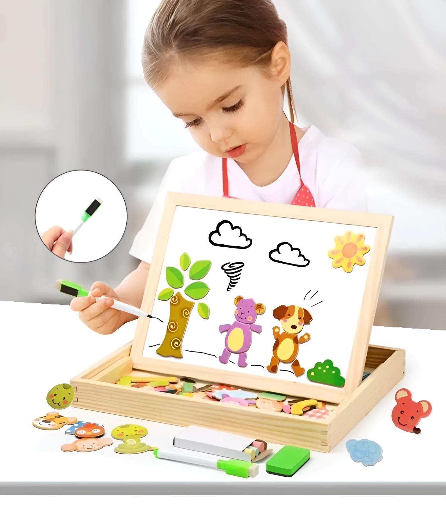 Wooden magnetic puzzle drawing board with animal and circus theme pieces for children