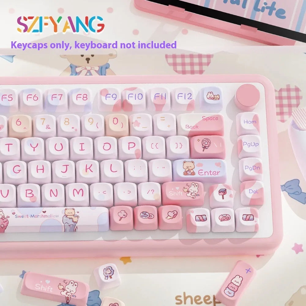 Sweet Cotton Candy pastel coloured mechanical keyboard keycaps displayed in sets of 112 and 120 keys