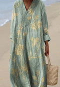 Long casual shirt dress with 3D floral pattern, wide waist, and regular sleeves.