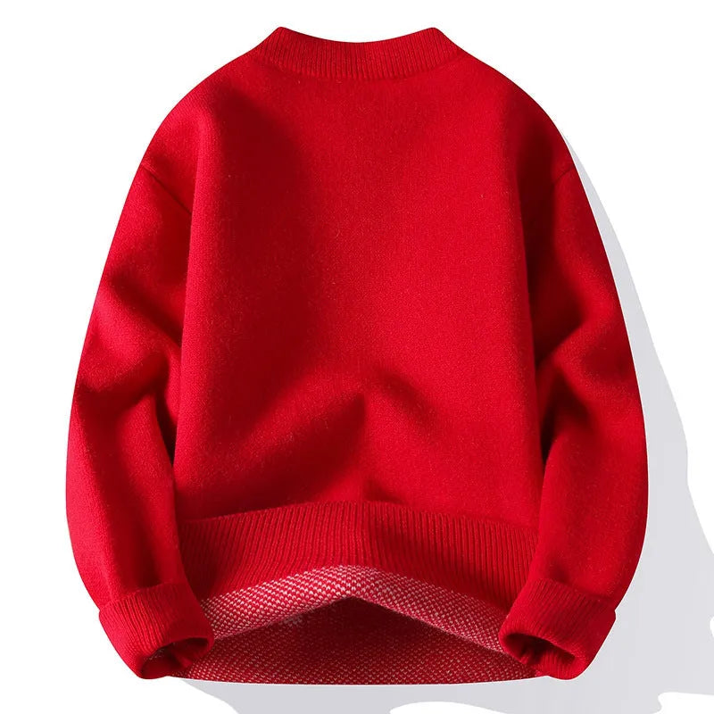 Men's loose knitted pullover in red with long sleeves and ribbed hemline