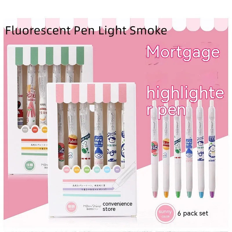 Boxed set of 6 fluorescent highlighter pens with oblique heads and plastic shells for key marking and journal use
