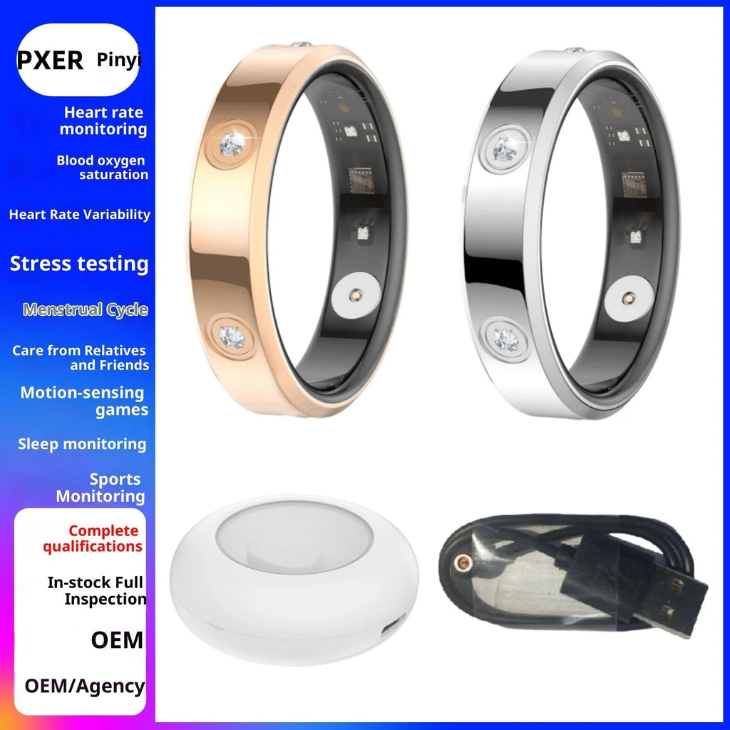 Smart ring blood oxygen heart rate monitor in silver size 10 with charging cable