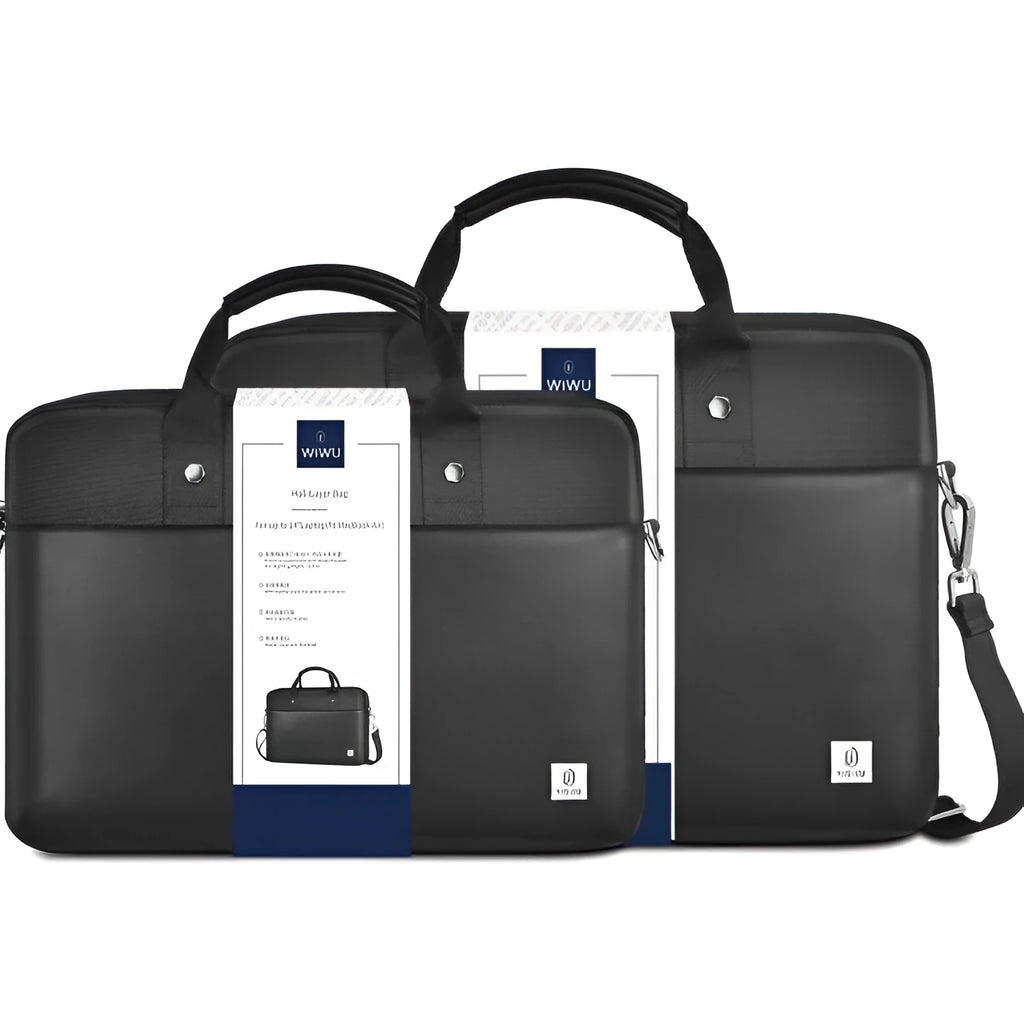 Black oxford cloth laptop handbag with multiple pockets and a separate computer compartment, shown in 14-inch and 15.6-inch sizes.