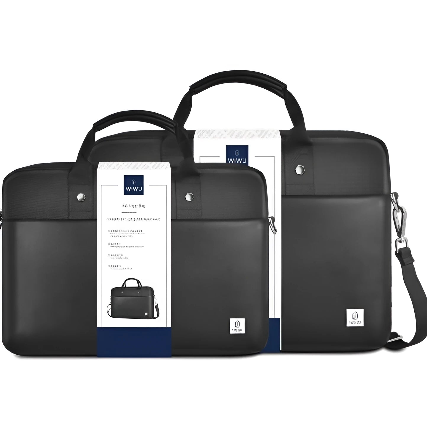 Black oxford cloth laptop handbag with multiple pockets and a separate computer compartment, shown in 14-inch and 15.6-inch sizes.