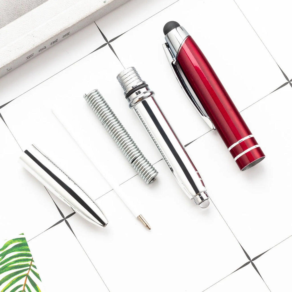 Multifunctional metal ballpoint pen with capacitive stylus tip and LED light in red, black, white, green, and blue colour options.