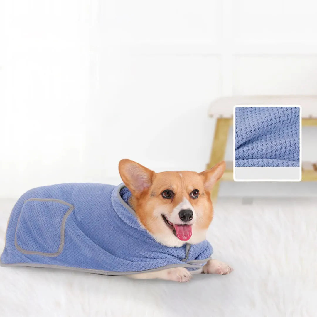 Blue adjustable dog bath robe towel showing waistband and size chart for XS to XL