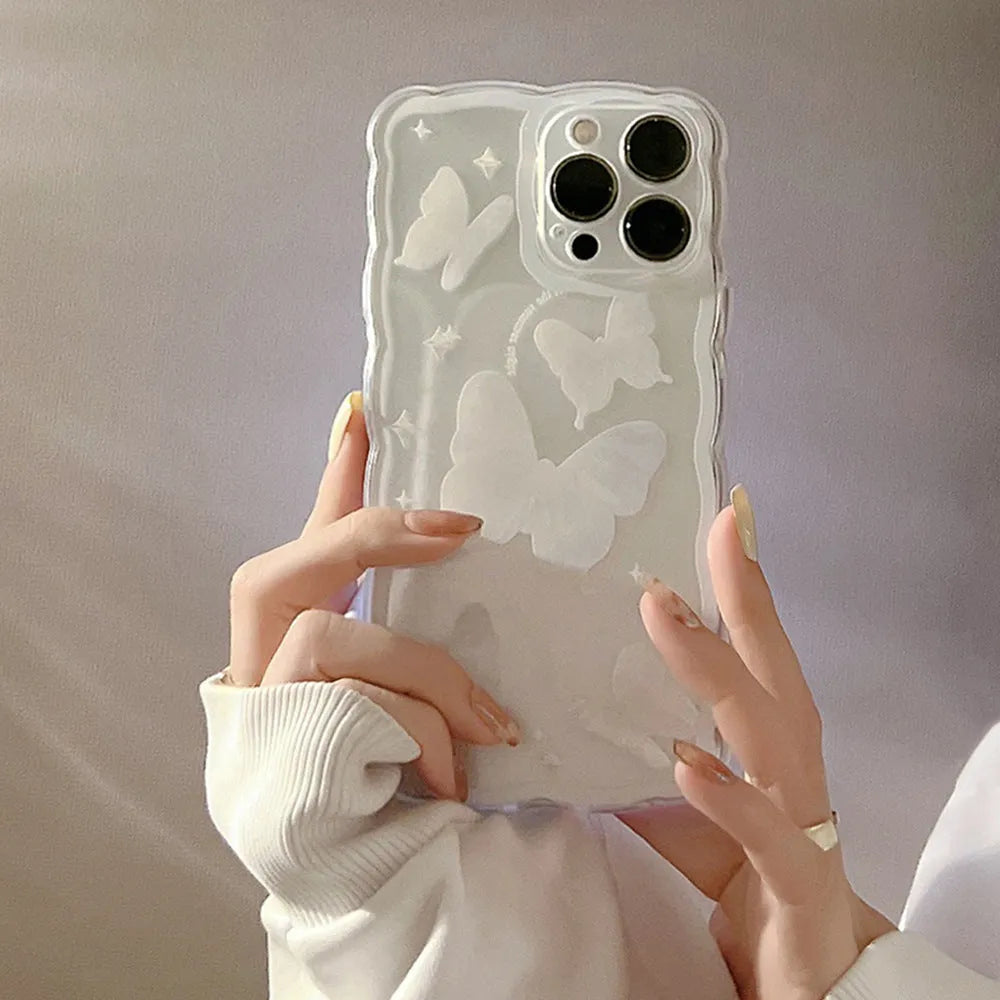 Transparent white crystal butterfly TPU phone case for iPhone 12 to 15 models, painted design