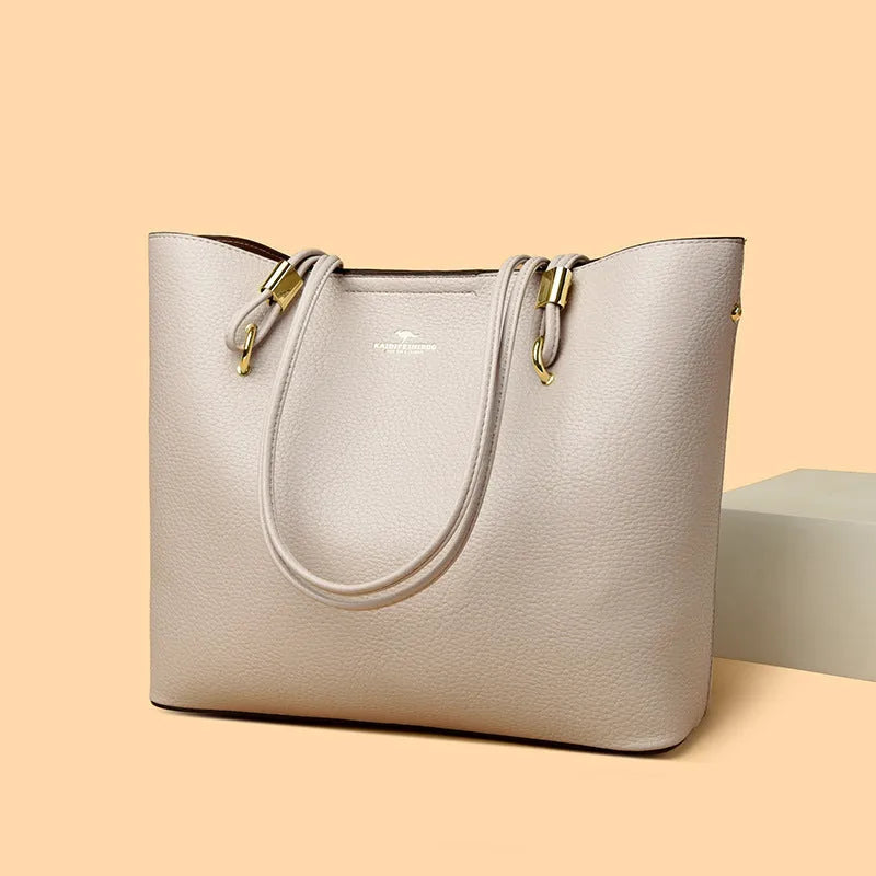 Women's large capacity crossbody tote bag in PU leather with stitching detail in brown colour