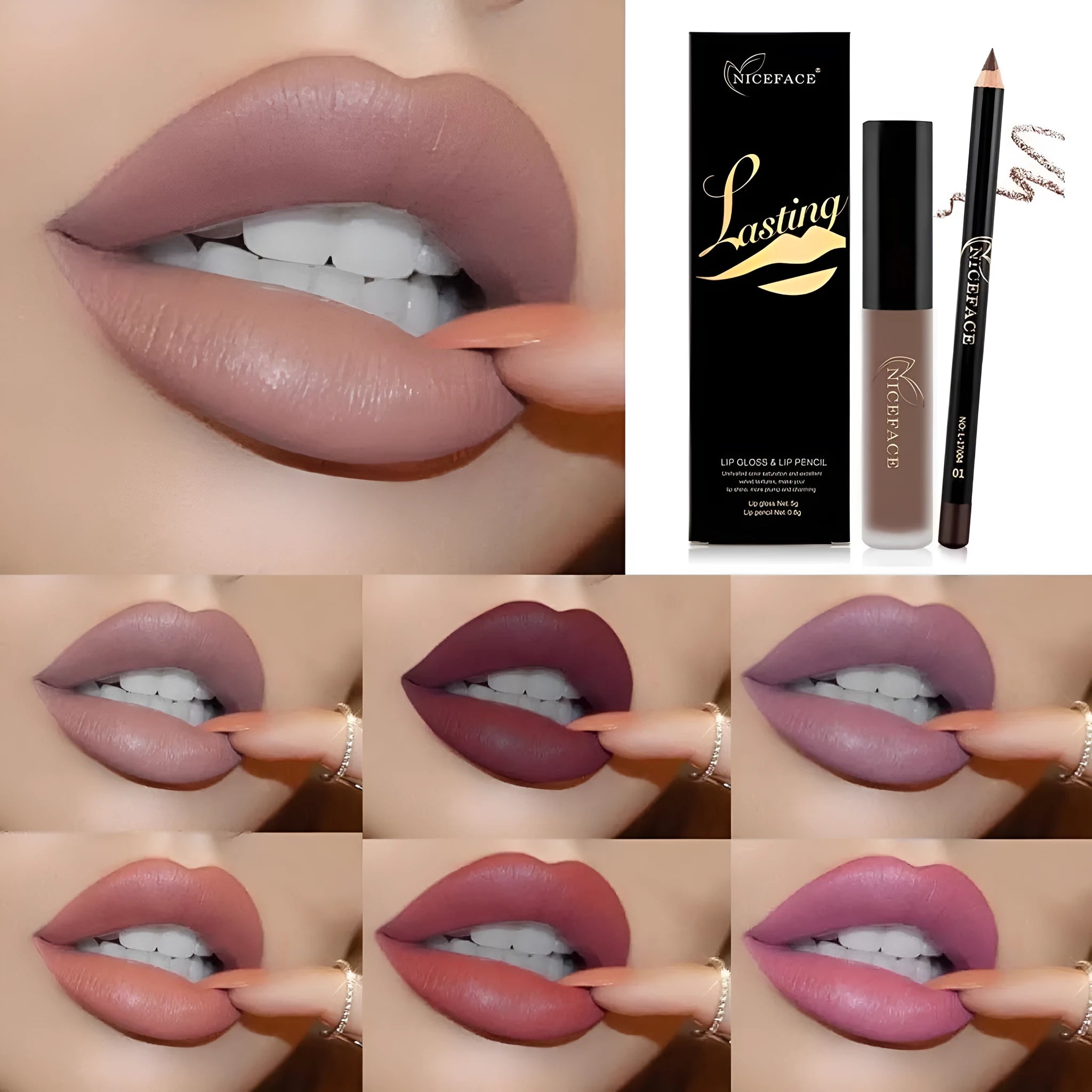 Matte lip gloss and freestyle lip pencil set in 12 colours with non-stick cup fade resistant formula