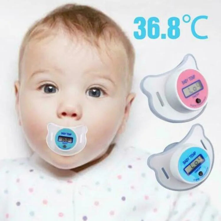 Blue and pink baby pacifier digital thermometer with digital display screen for infant temperature monitoring