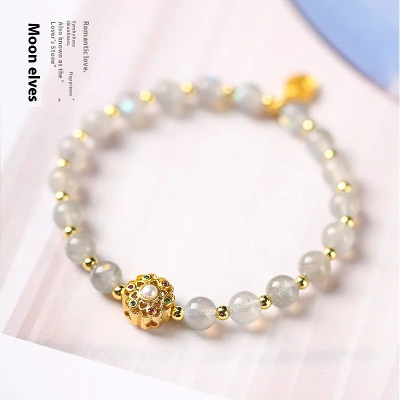 Hand-woven grey moonstone and peach blossom crystal bracelet with 6mm beads