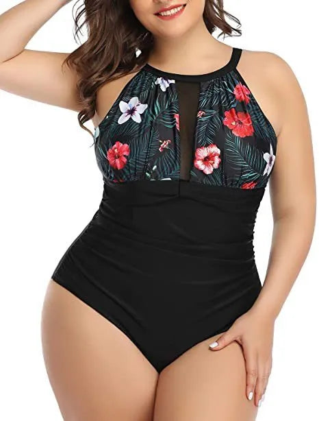 Women's black lace one-piece swimsuit on a hanger showing front design