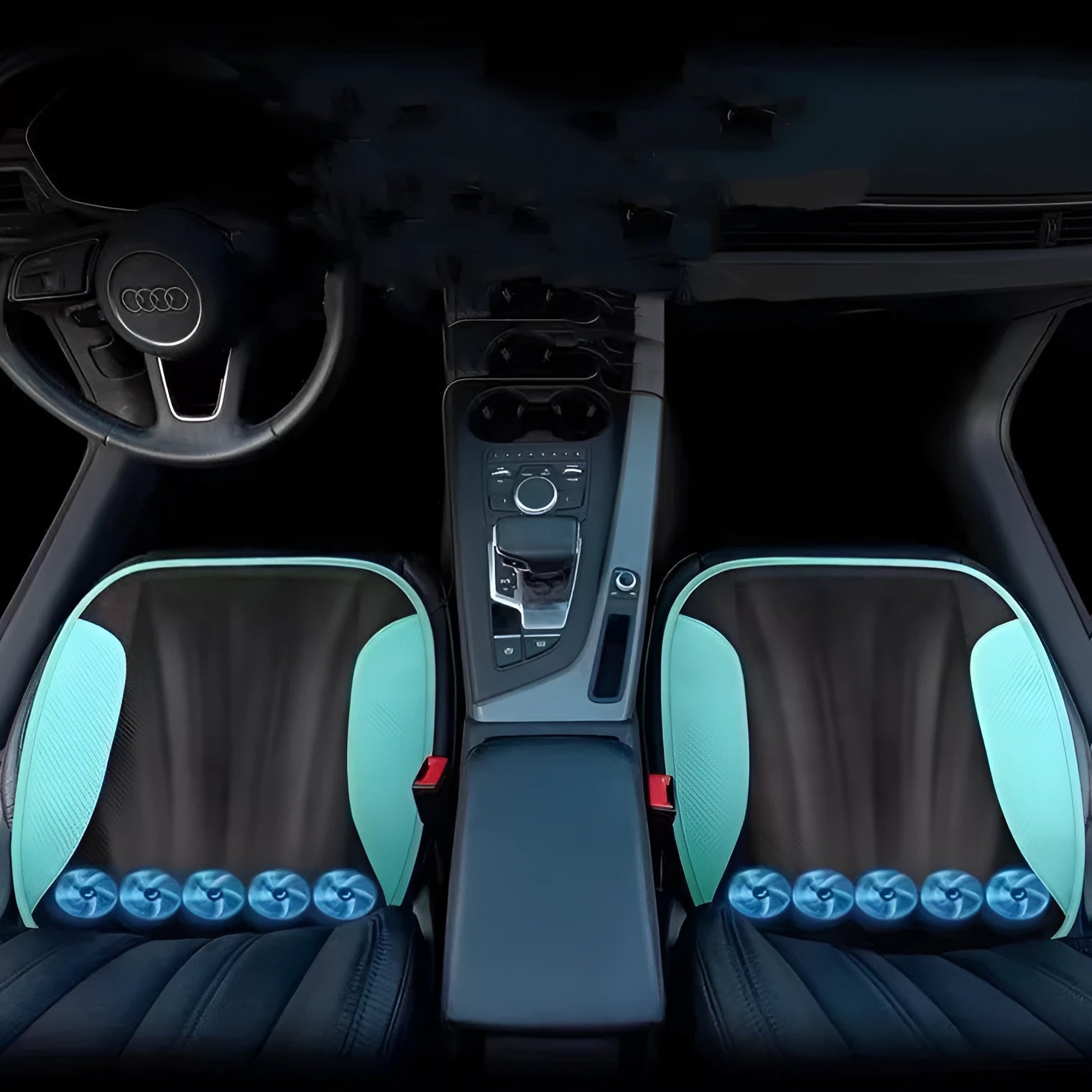 USB car ventilated seat cushion with multiple fan configurations on fabric seat