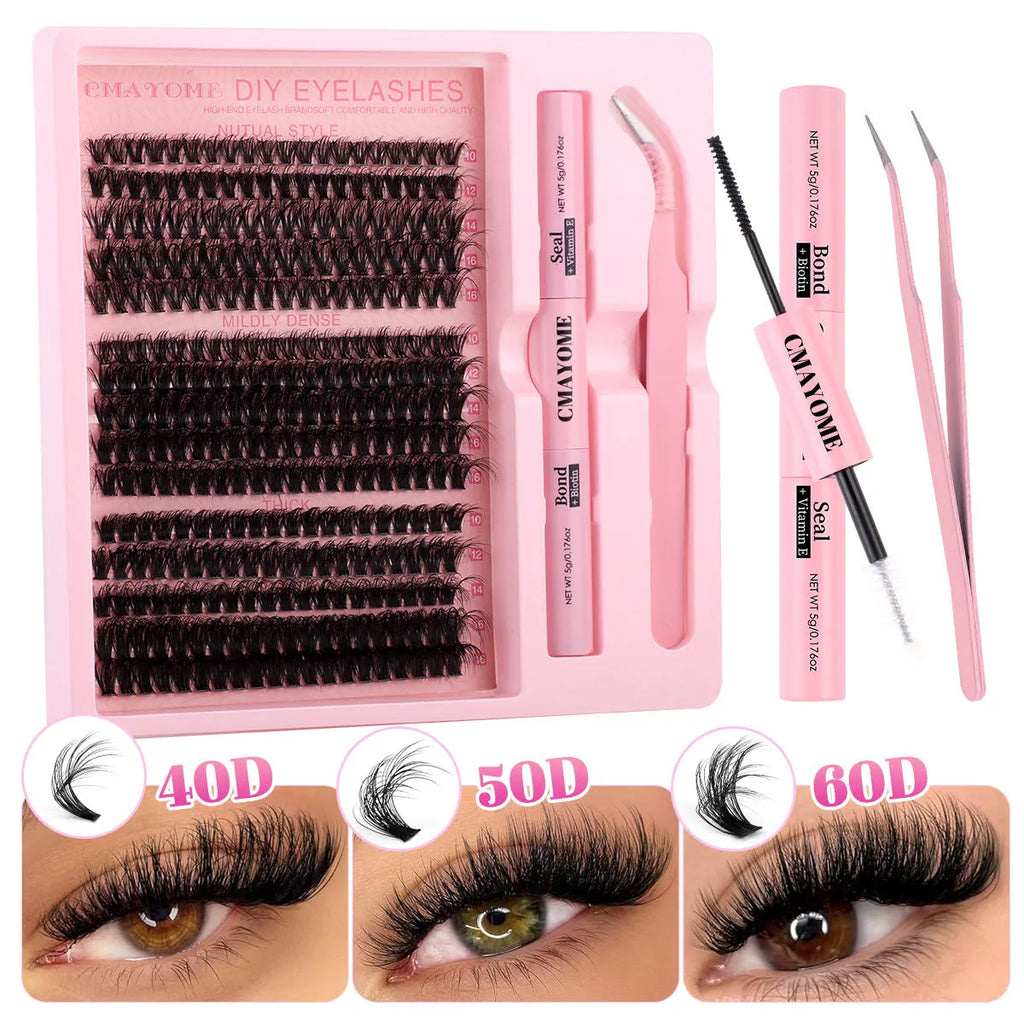 DIY false eyelashes extension suit showing individual cluster segments and eyelash tweezers