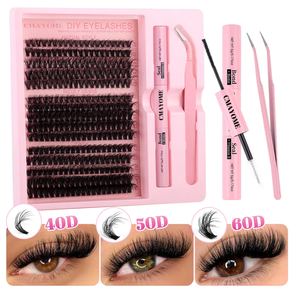 DIY false eyelashes extension suit showing individual cluster segments and eyelash tweezers