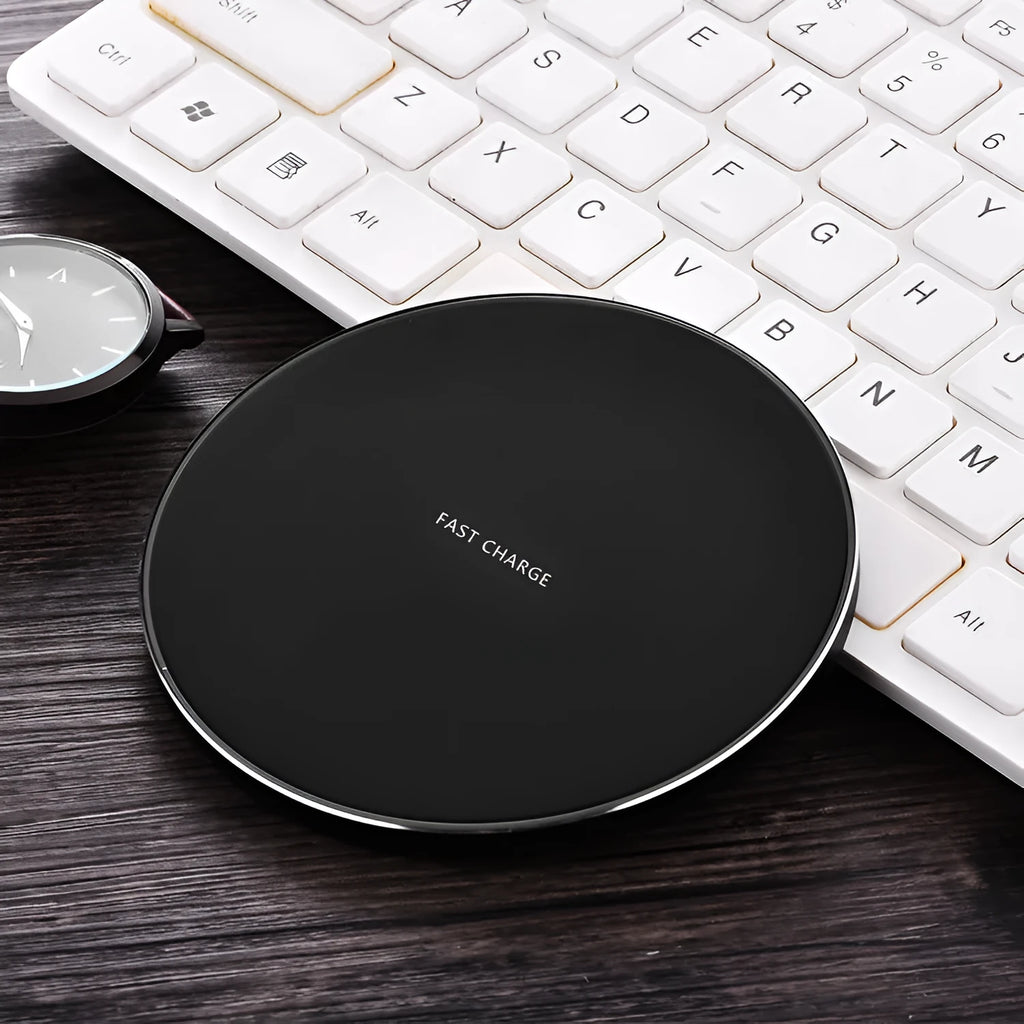 Ultra-thin wireless charging pad in four colour options showing 98mm square dimensions