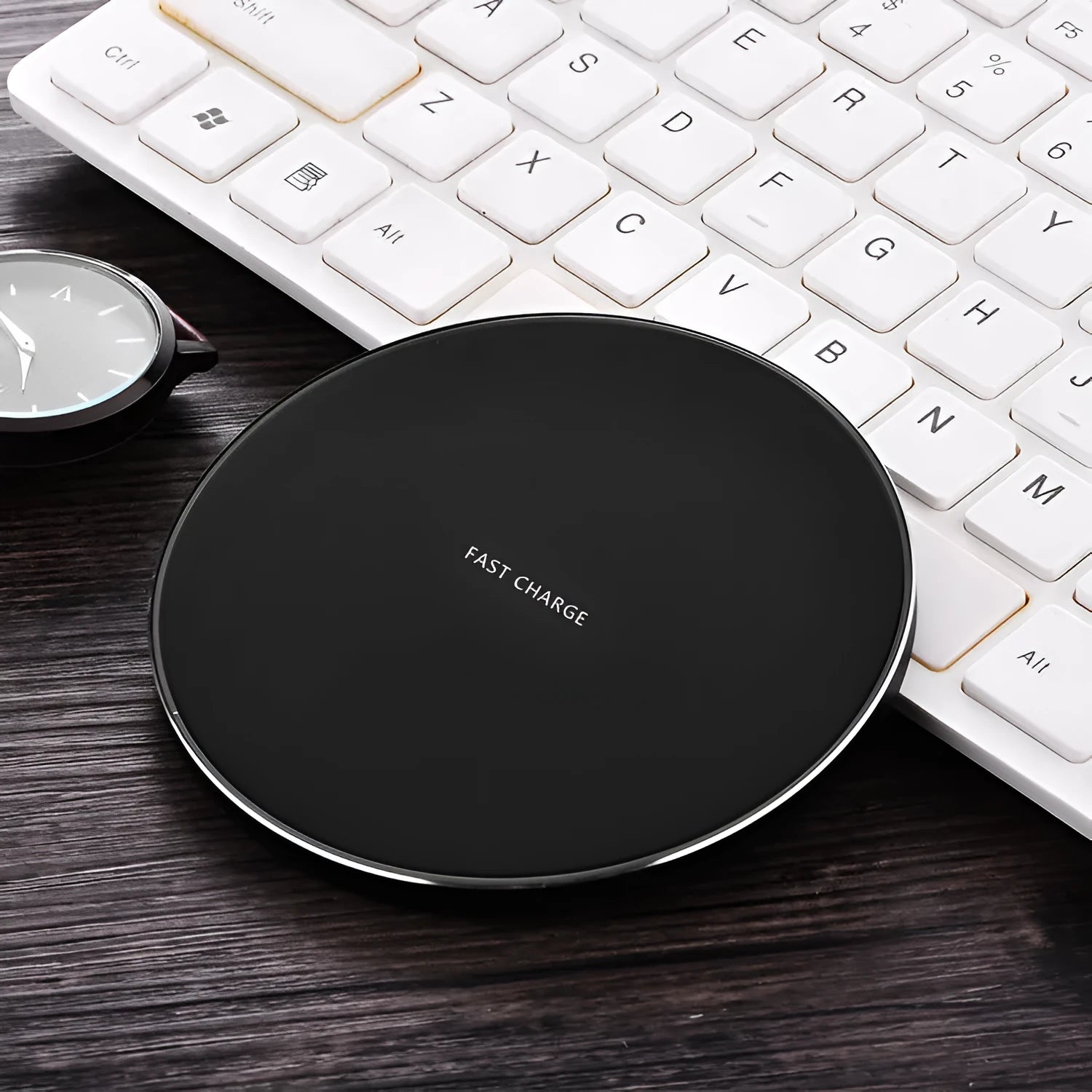 Ultra-thin wireless charging pad in four colour options showing 98mm square dimensions