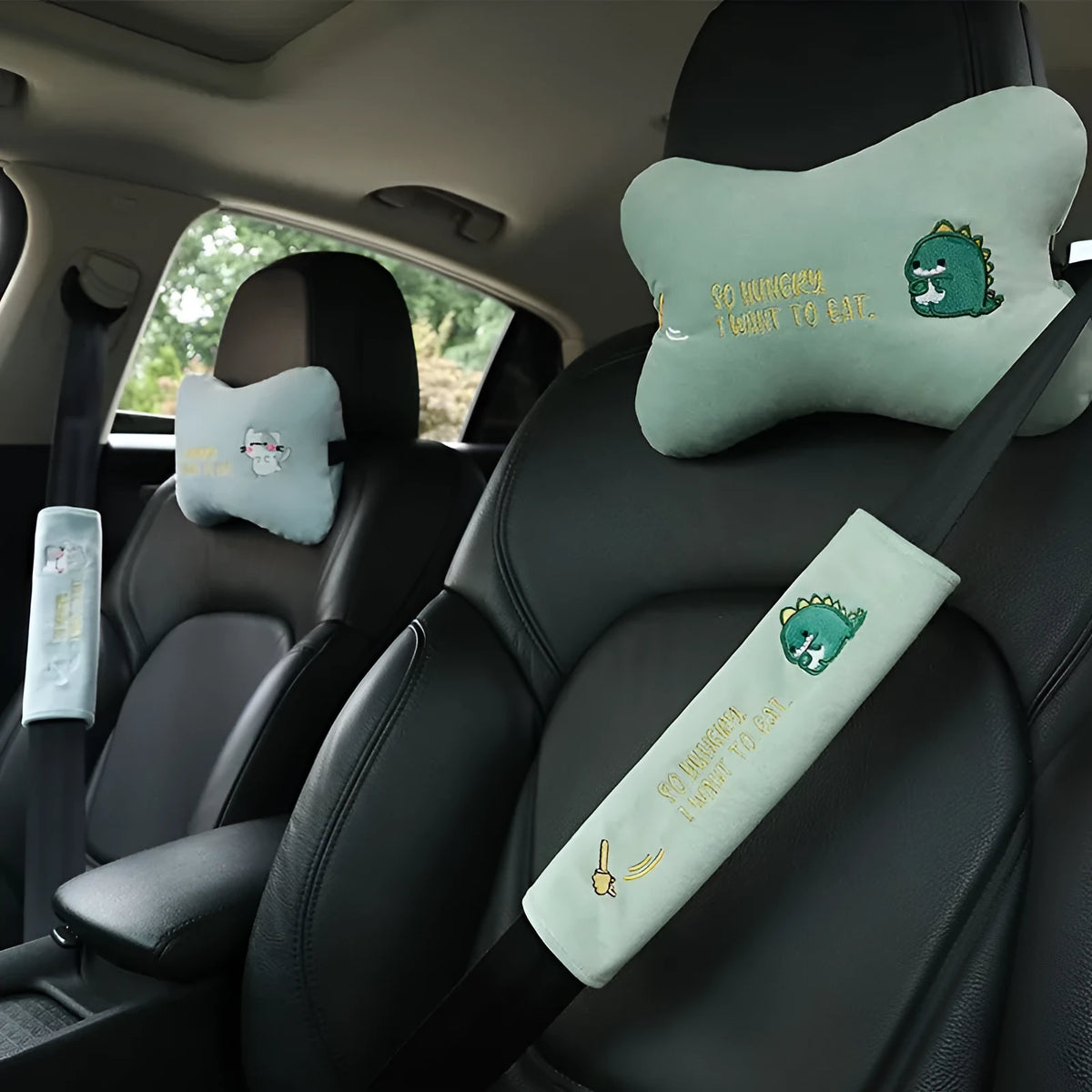 Plush embroidered car headrest shoulder pad with cartoon lion design in blue