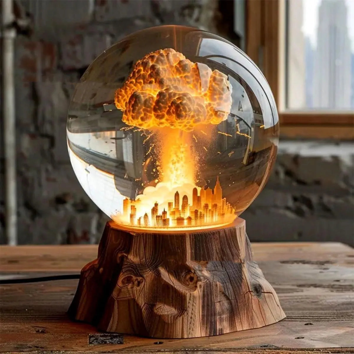 Atomic bomb explosion lamp with 3D mushroom cloud shape, 15 x 8cm hand-painted resin LED night light on a desk