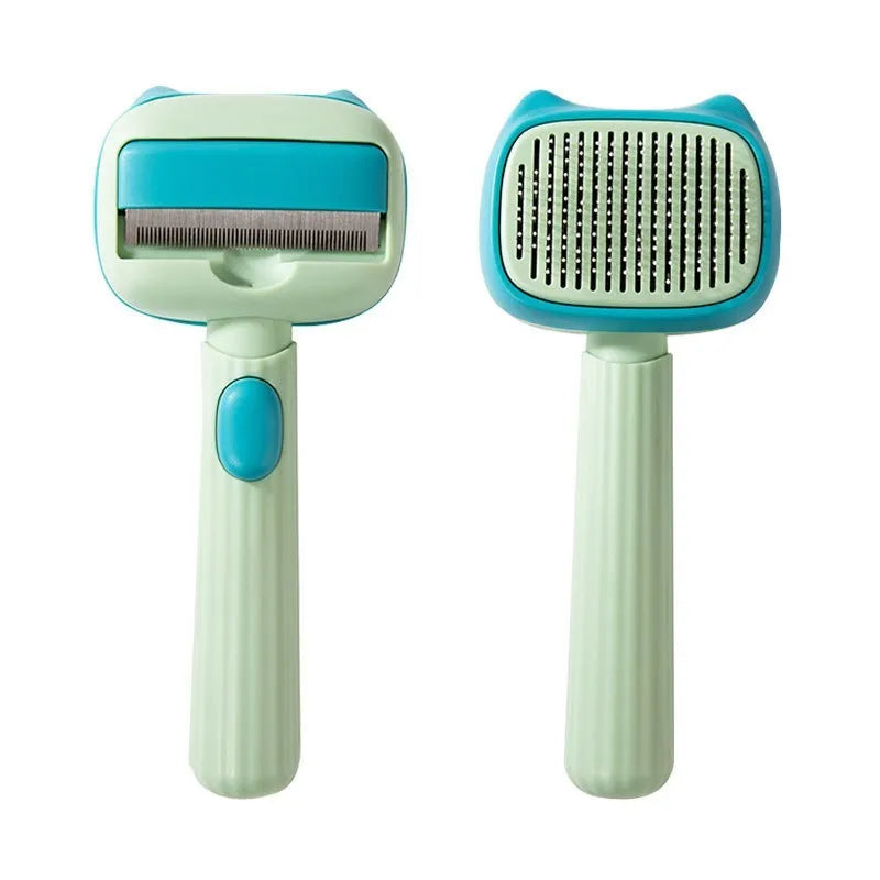 Blue double-sided pet grooming brush showing deshedding rake and dematting comb on a white background.