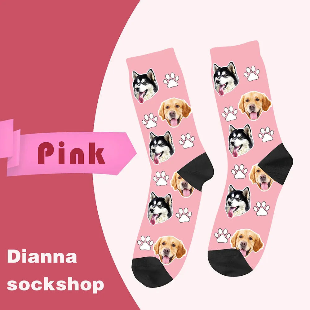 Custom cartoon graphic printed on a pair of coloured mid-calf tube socks made from polyester.