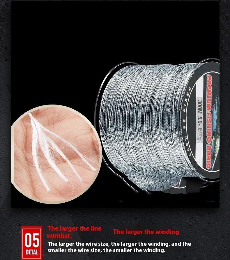 A reel of 300-metre, 4-section PE fishing line available in multiple colours and line numbers.