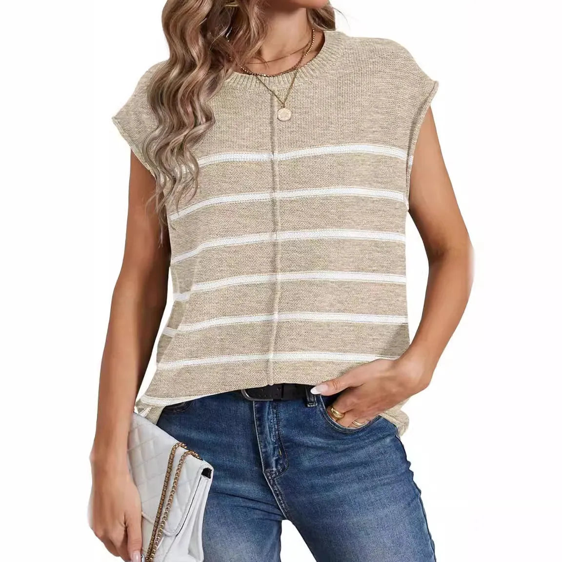 Women's striped sleeveless V-neck pullover top in apricot colour