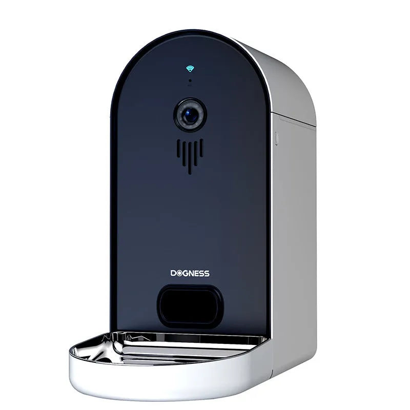 Smart automatic pet feeder with remote monitoring in Barbie pink and ivory white colour.