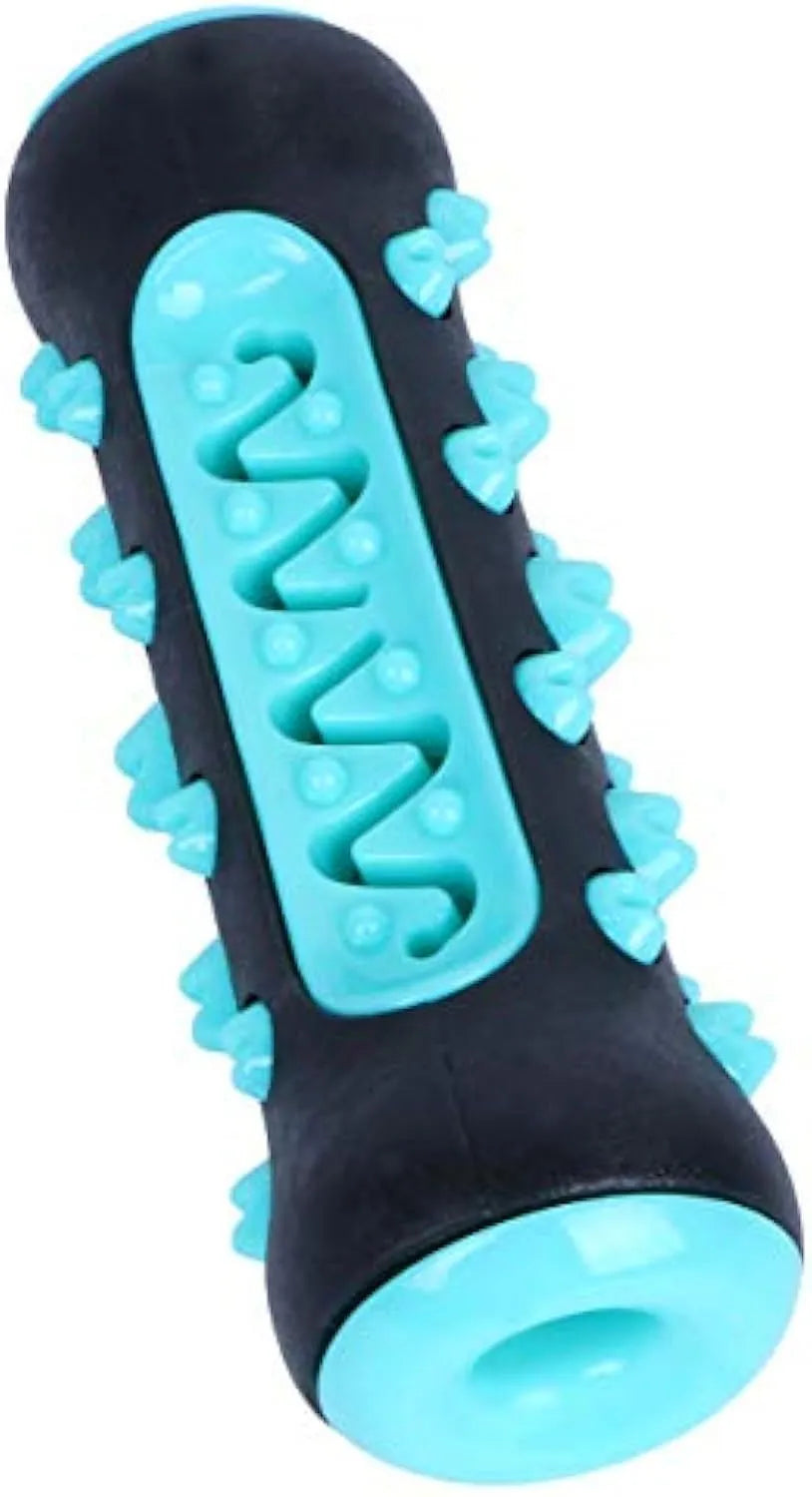 Natural rubber dog dental chew toy in blue, showing textured toothbrush design.