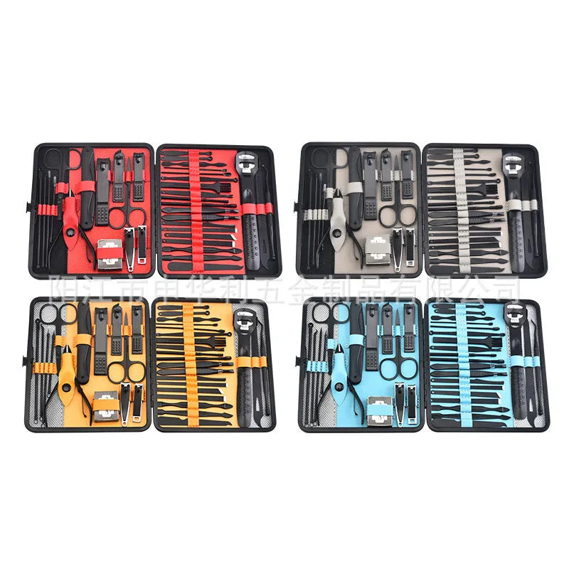 Manicure set with stainless steel tools in a PU leather case, available in red, grey, yellow, and blue