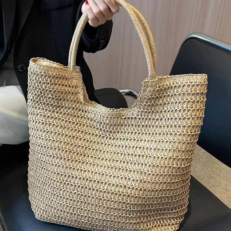 Women's large capacity straw bag in beige with double shoulder straps, 41cm wide 39cm high 12cm thick