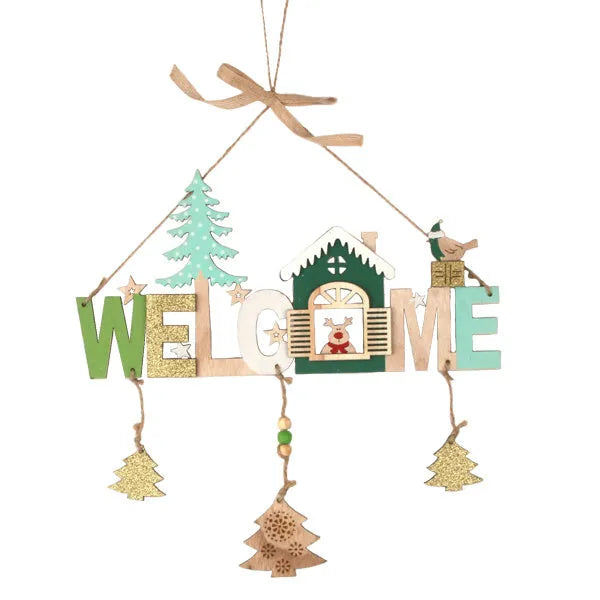 Wooden Christmas ornament set with old man, snowman and elk designs on display