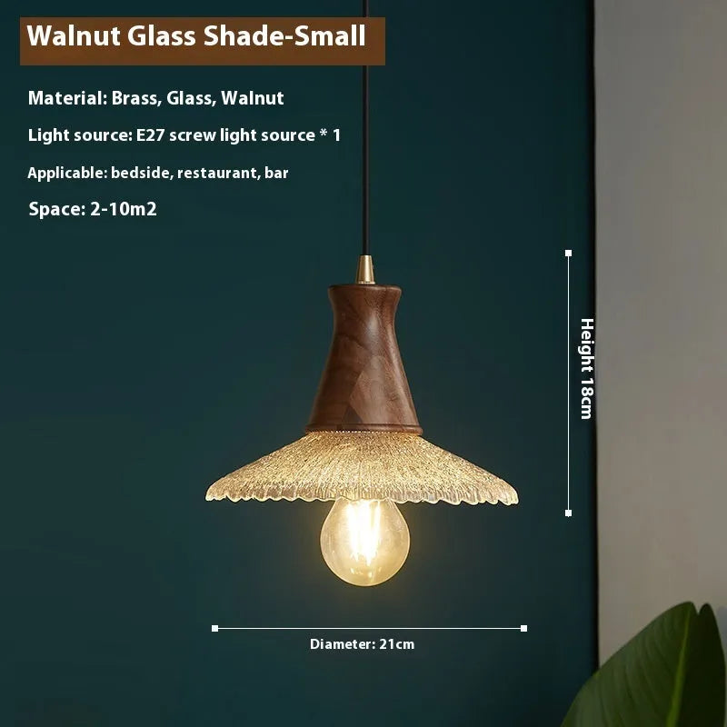 Retro wooden chandelier with glass shade and brass fittings for ceiling lighting.