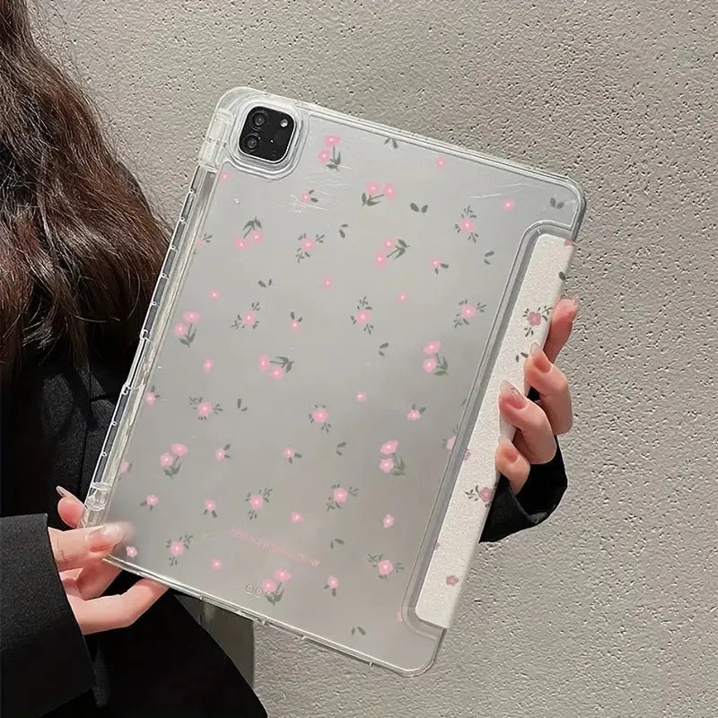 Transparent floral tri-fold protective case for Apple iPad tablet showing clear front and built-in stand