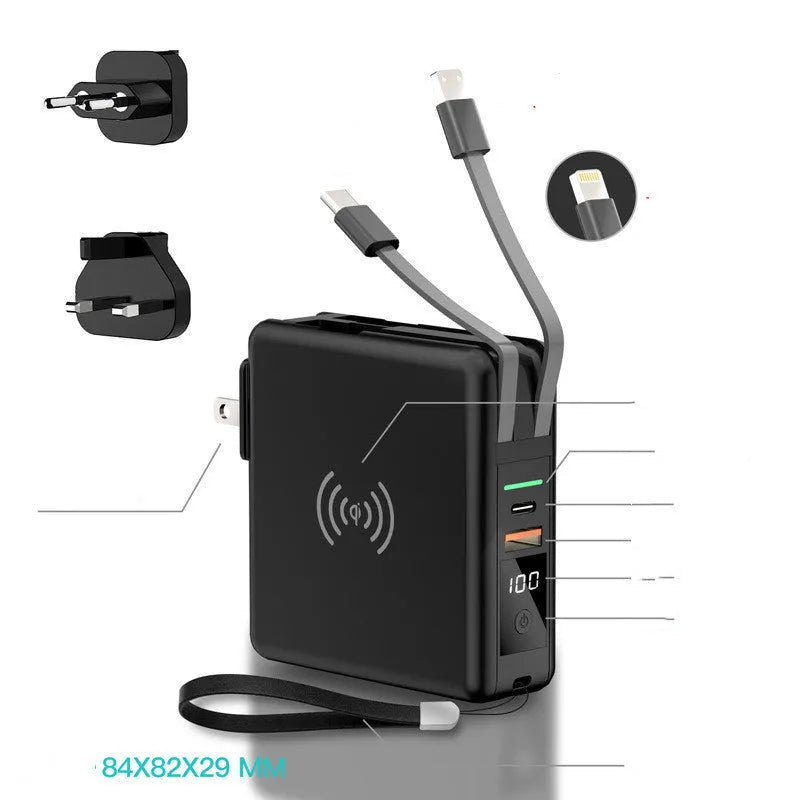 Black and white QI wireless power bank with foldable international plugs and 10000mAh capacity.