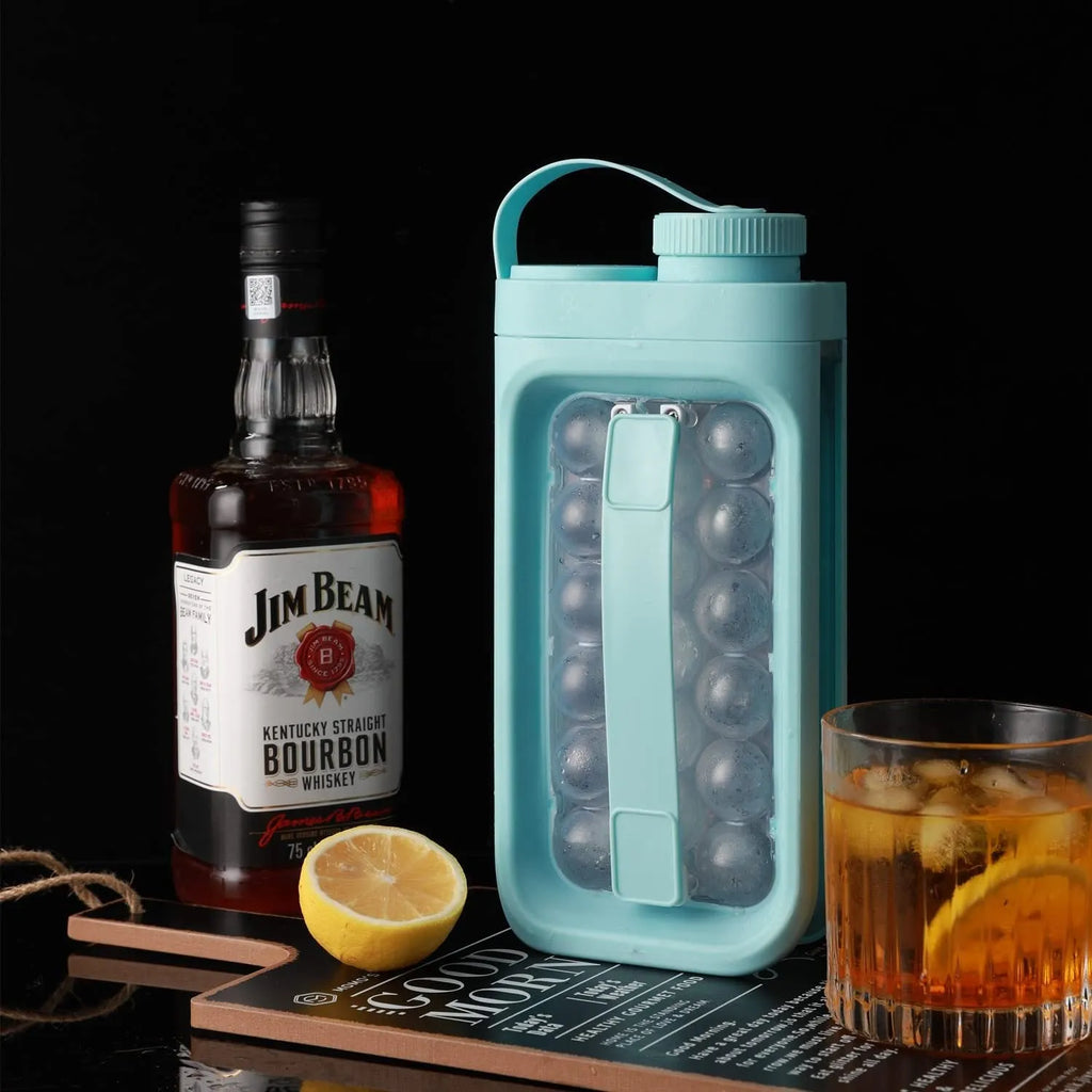 Light blue and white 2-in-1 ice ball tray and portable cold water bottle kitchen gadget.