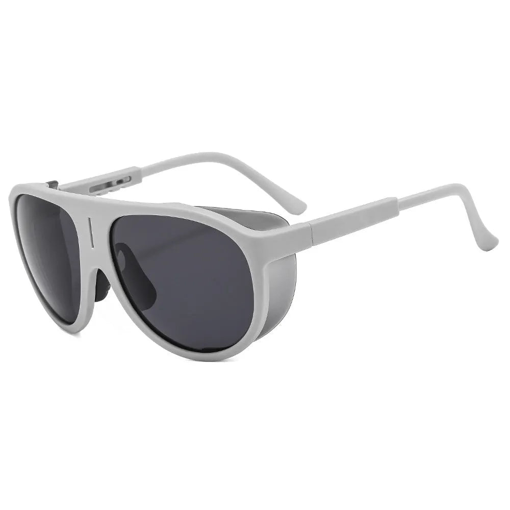 Large frame polarized sunglasses with TAC lens and PC frame for cycling and outdoor sports, shown in white frame gray piece