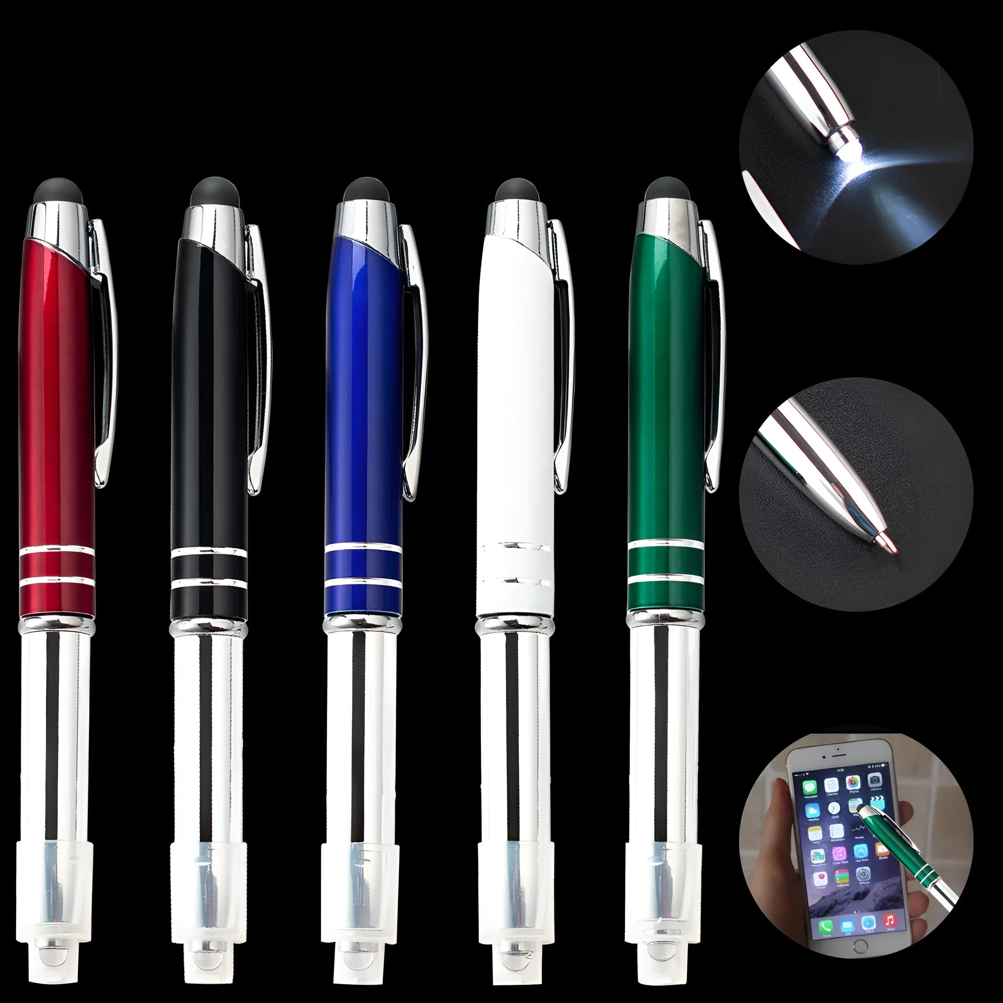 Multifunctional metal ballpoint pen with capacitive stylus tip and LED light in red, black, white, green, and blue colour options.