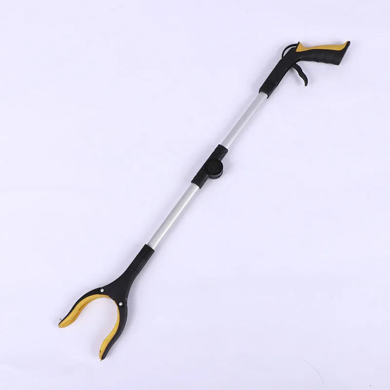 Silver foldable aluminium garbage clamp with blue handle extended to 80cm, showing magnet tip.