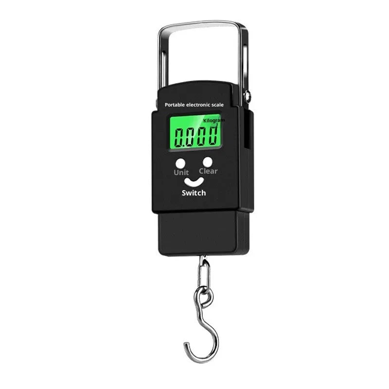 Mini handheld electronic scale with blue backlight display, 50kg capacity, plastic body, English or Chinese text option